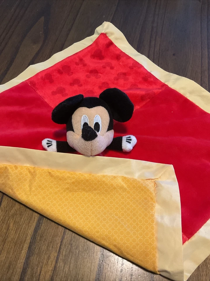 Manta de seguridad Disney Baby Mickey Mouse Lovey rojo amarillo adorno orejas arrugadas Foto 3 de 4