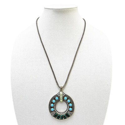Avon SAQ Art Revival Style Pendant Blue Green Rhinestone Necklace