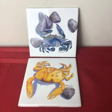 Vtg 2 Paul Brent Crab Ceramic Tile Trivet Hot Pad Mussels Nautical Beach Ocean