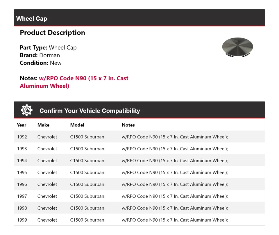 Tapacubos para Chevrolet C1500 Suburban Dorman 1992-1999 1993 1994 1995 1996 1997 Foto 2 de 4