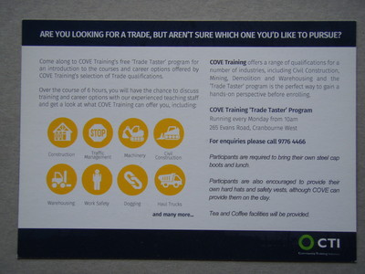 Cove Training Are you Considering A Career In The Trades Advert Postcard