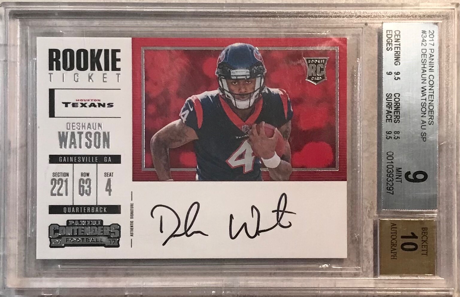 2017 Contenders Deshaun Watson Auto SP Variation Rookie Ticket RC #342 BGS 9/10
