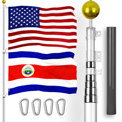 25 Ft Telescoping Flagpole Silver & American and Costa Rica Flags Emb 300D 3x5Ft
