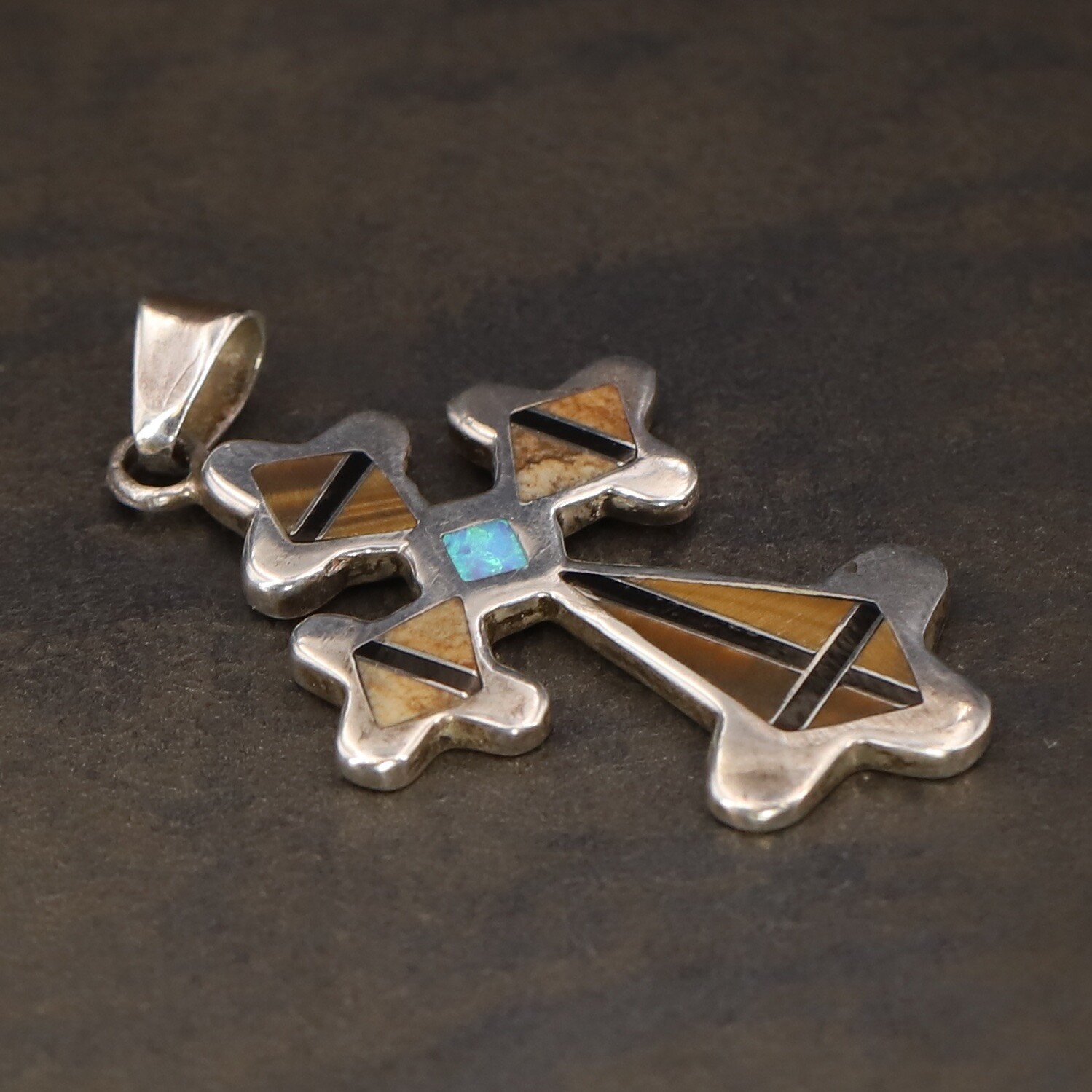 VTG Sterling Silver NAVAJO Turquoise Onyx & Wood Inlay Cross Necklace