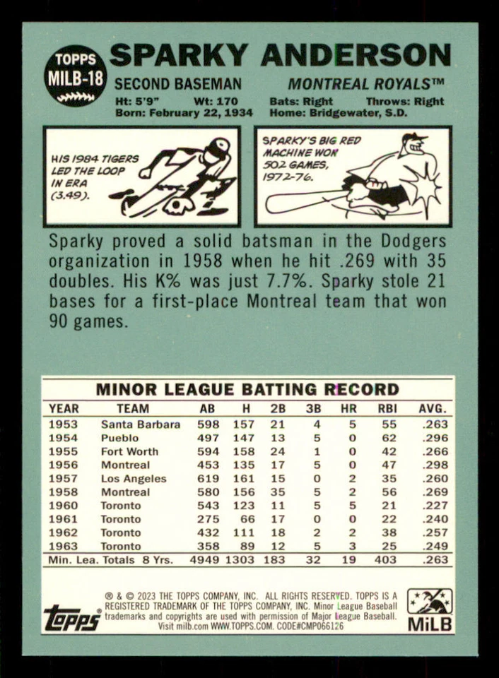 2023 Topps Pro Debut MiLB Legends #MILB18 Sparky Anderson - Image 2 of 2