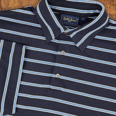 Bobby Jones Players Mens Golf Performance Striped Blue Polo L Short Sleeve