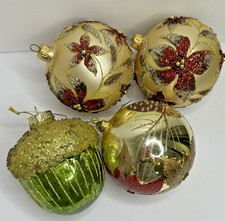 Vtg hand Blown Glass Christmas Ornament Gold Red Poinsettia Green Acorn Glitter