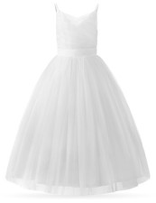 Flower Girl Spaghetti Strap Dress A-Line Ball Gown Tulle 8-9 Years, White