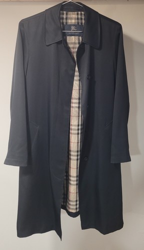 Burberry Vintage Womens Black Satin Nova Check Trench Coat LONDON Size Xs - Picture 1 of 19