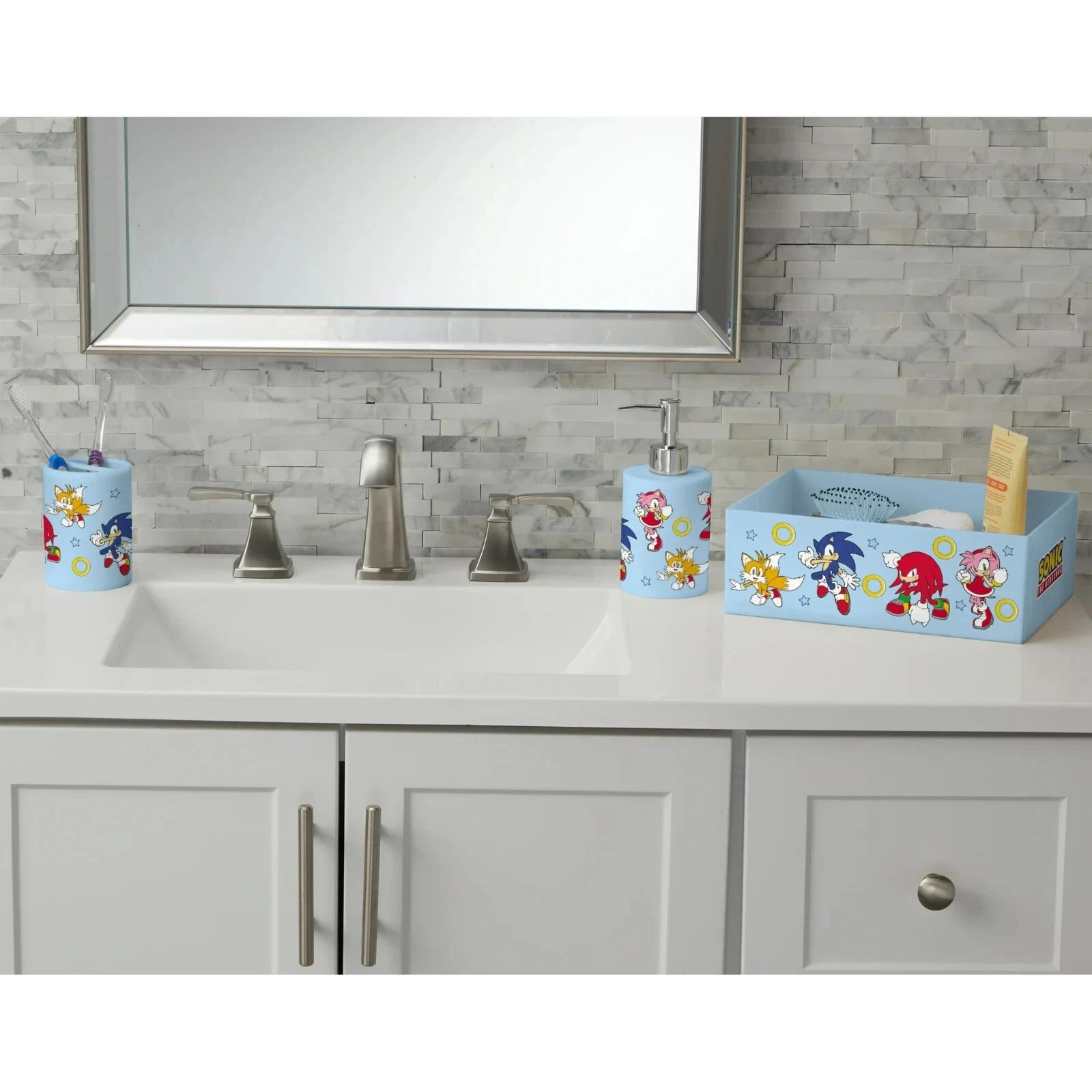 NEW Sonic 3pc Bathroom Accessory Set with Toothbrush Cup, Soap Pump, Storage Bin