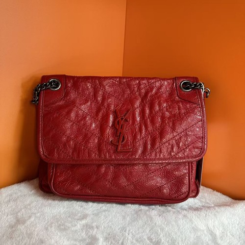 Auth YSL Niki Red Crinkled Leather Crossbody Bag Gunmetal Hardware Classic