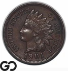 1901 Indian Head Cent Penny, Choice Unc+