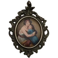 ITALIAN MOTHER & CHILD Victorian Antique Lithograph Painting Fabric Print Ornate