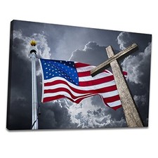 Patriotic Canvas Wall Art American Flag and Holy Wooden Cross for Living Room