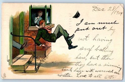 1904 Humor Man Kicking Man I Am Much Put Out Write Away Tuck Antique Postcard