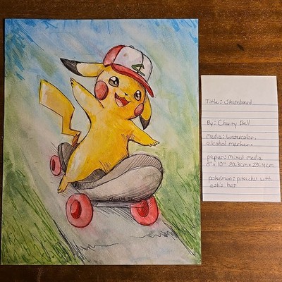 Ash Hat Pikachu - Skateboard - Pokemon Fan Art 8x10 Original Watercolor Painting