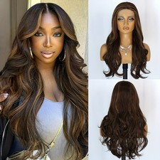 Long Wavy Brown Blonde Highlights Mixed Color Lace Front Wig Pre Plucked Natural