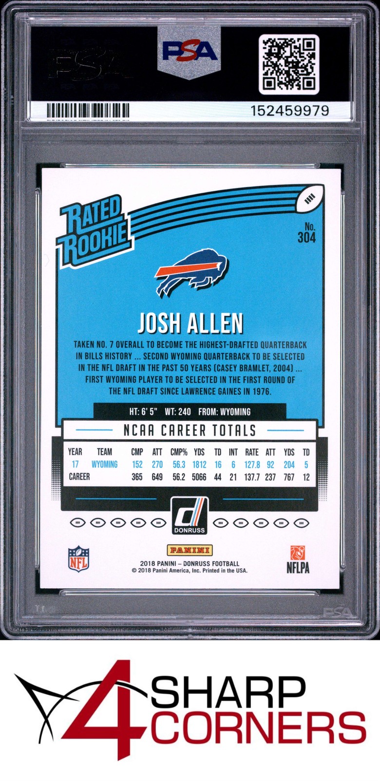 2018 PANINI DONRUSS #304 JOSH ALLEN RC RATED ROOKIE BILLS PSA 10 view 2