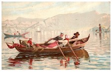 Vintage Postcard Italian lake fishing family rowing boat scenic mountains