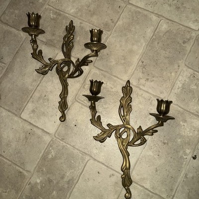 Vintage Brass Wall Candle Holder   Rococo Baroque Double Arm Tulip Sconce