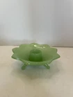 Vintage Green Fenton Glass Jadeite Lotus Tri-Footed Taper Candle Holder