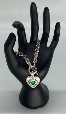 Vintage Signed TR Rolled Link Chain With Heart Charm and Green Gemstone Bracelet