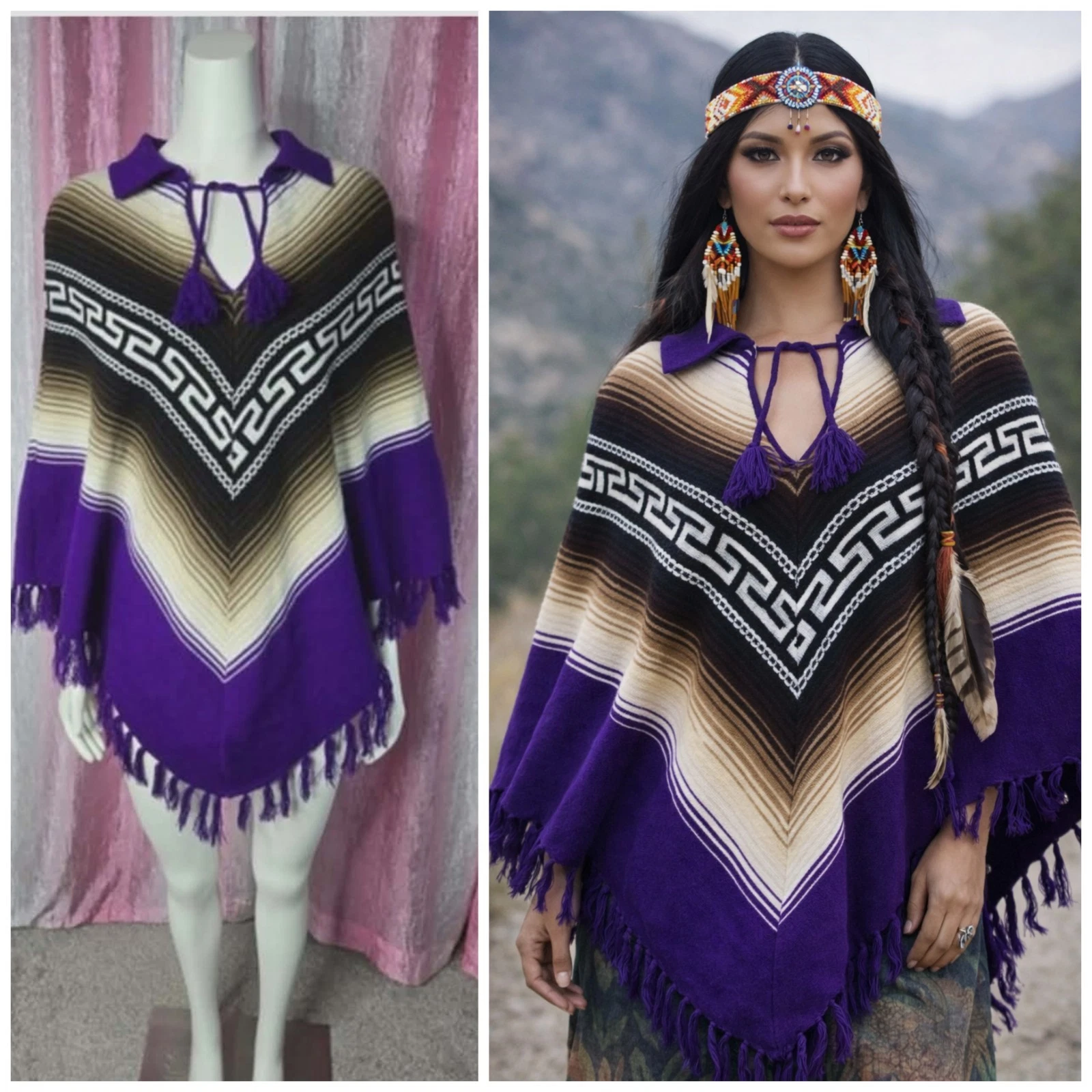 Native American Aztec Purple Beige Santa Fe Southwestern Poncho One Size