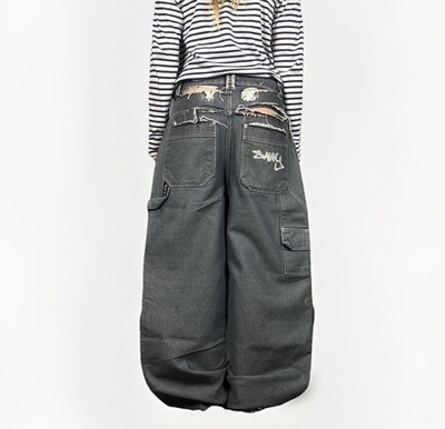 Savvy Distressed Baggy Jeans Y2K Vintage Wide Leg Dark Grey Denim