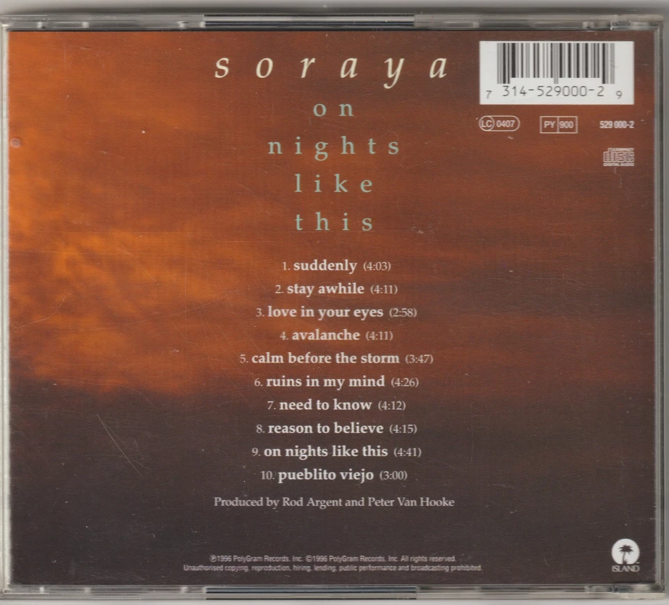 Soraya - On nights like this [10 Track CD Album, 1996] - Bild 3 von 3