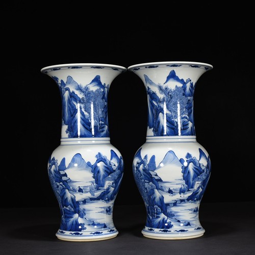14.6" Old dynasty Porcelain kangxi mark pair Blue white landscape character vase - Picture 1 of 9