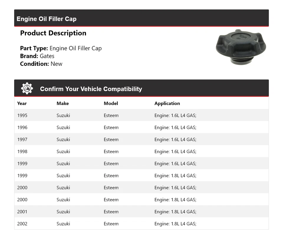 Puertas tapa llenado aceite motor Suzuki Esteem 1995-2002 1996 1997 1998 1999 2000 Foto 2 de 4