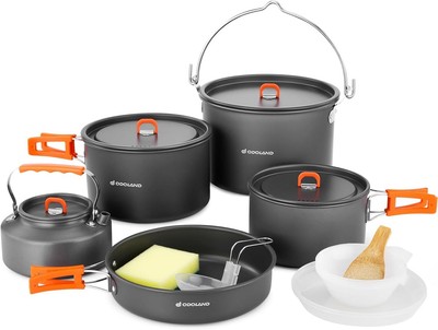 18pcs Camping Cookware Set with Hanging Pot Pan Plates Bowls Spoon