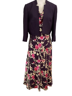 Jacques Vert Tulpe Rubin Rose Seide Mix Devore Länge 47'' Kleid + Jacke Größe 16