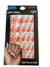 Halloween Essentials Coffin Crawlers 24pk Self-Adhesive Red White Press On Nails