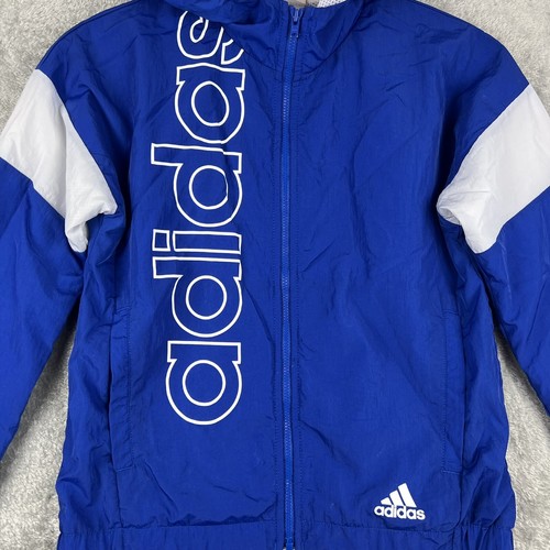 Adidas Youth Windbreaker Zipup Small (8) Blue And White Hooded Mesh Lined - Picture 2 of 6
