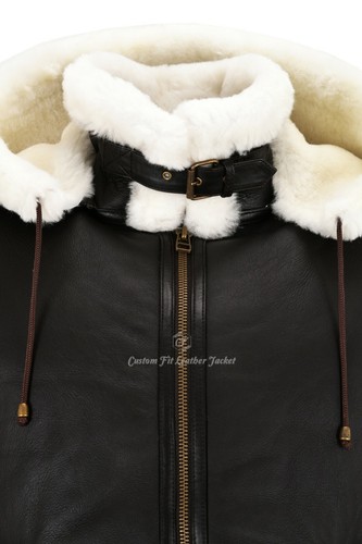 Men Sheepskin Hooded Jacket White Real Shearling Fur B3 Bomber Pilot Jacket NV65 - Picture 10 of 10