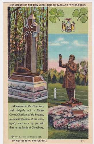 Postkarte Gettysburg DENKMÄLER NEW YORK IRISCHE BRIGADE VATER CORBY Leinen PC #35
