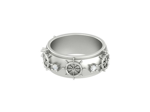 Nautical Steering Wheel Wedding Band For Mens Sailor Ring Solid Sterling Silver - Picture 5 of 14