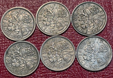 VERY NICE LOT 6 GREAT BRITAIN SIXPENCE COIN-1954,1957,1956,1960,1962,1967-FEB399