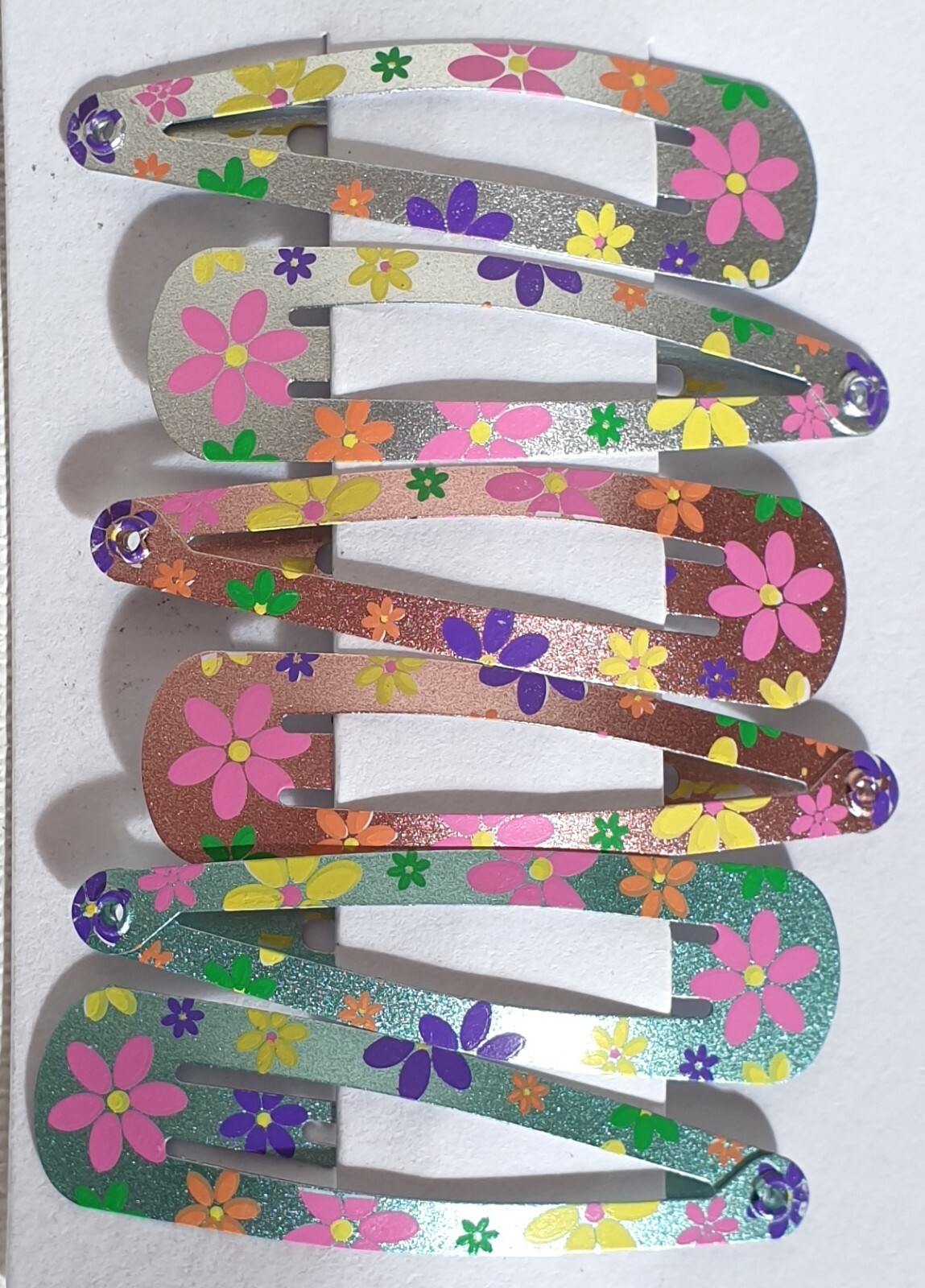 NEW Card of 6 Metallic Daisy Flower Print 5cm Sleepies Girls Hair Clips Easter