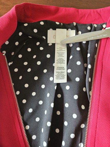 Womens Red Blazer Jacket by Chico's Size 1 Polka Dot Print Lining Pockets Career - Picture 9 of 12
