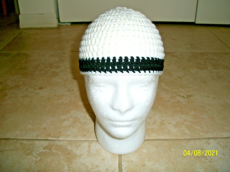 Gorro de crochê feito à mão BRANCO com LISTRA PRETA caveira Kufi Topi Harley motociclista - Imagem 2 de 4