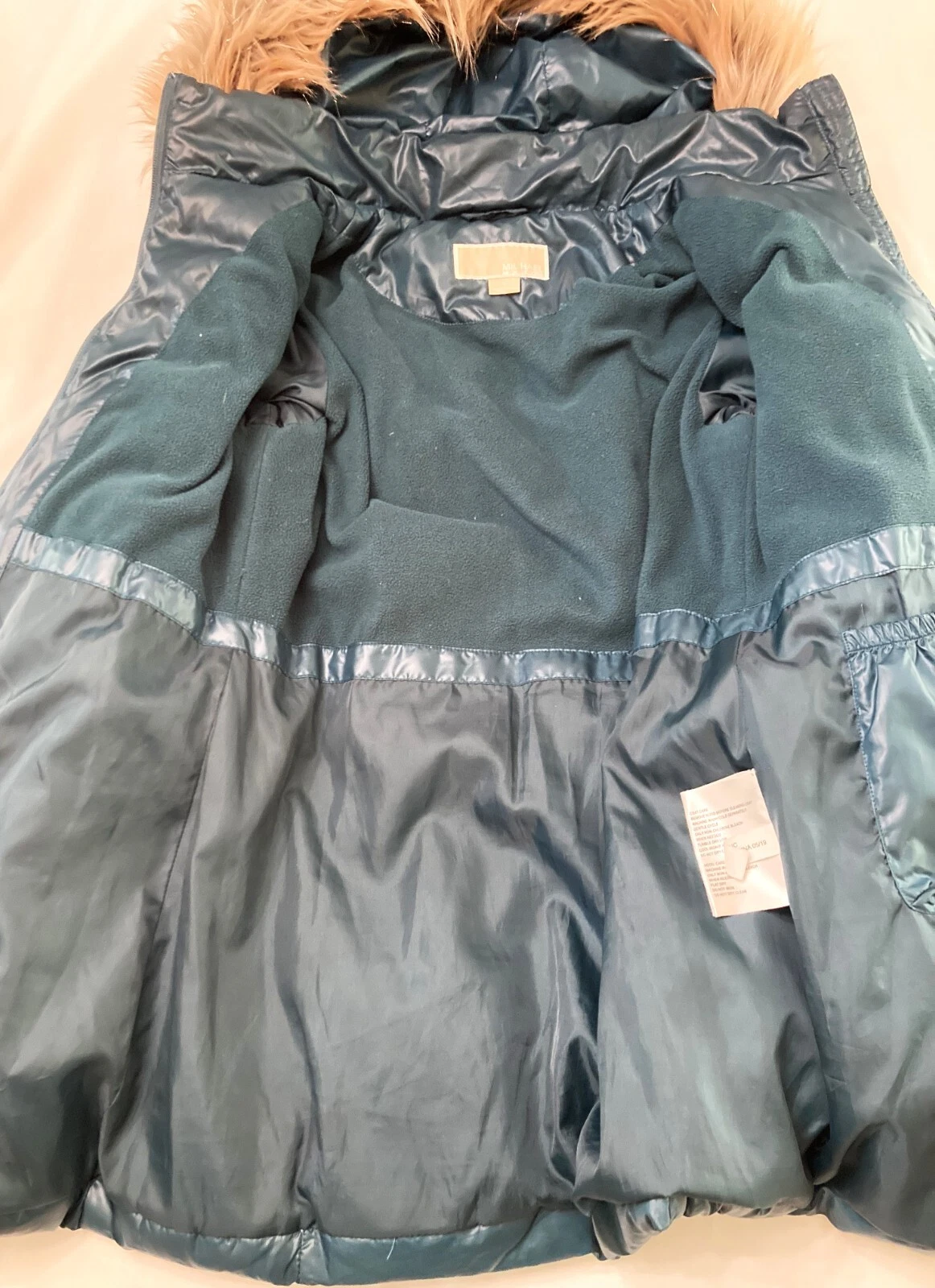 Giacca Michael Kors smeraldo scuro bambino 16 puffer pelliccia foderata cappuccio verde sacramento