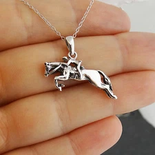 Jumping Horse with Jockey Pendant Necklace - 925 Sterling Silver - Equestrian 