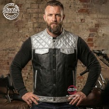 Men  s Leather Motorcycle Vest Hunt Club Style Silver Black Side Lace CCW Braided