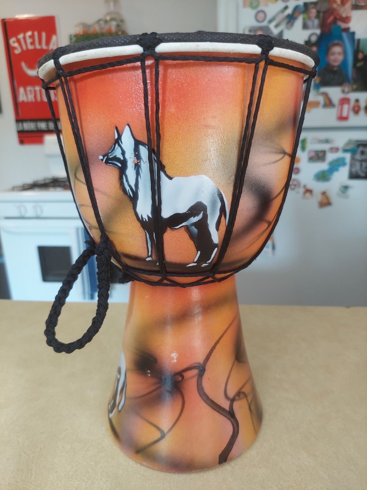 Stoneage Arts Djembe Drum Carved Bongo African Painted Wolf Wolves 11.5"