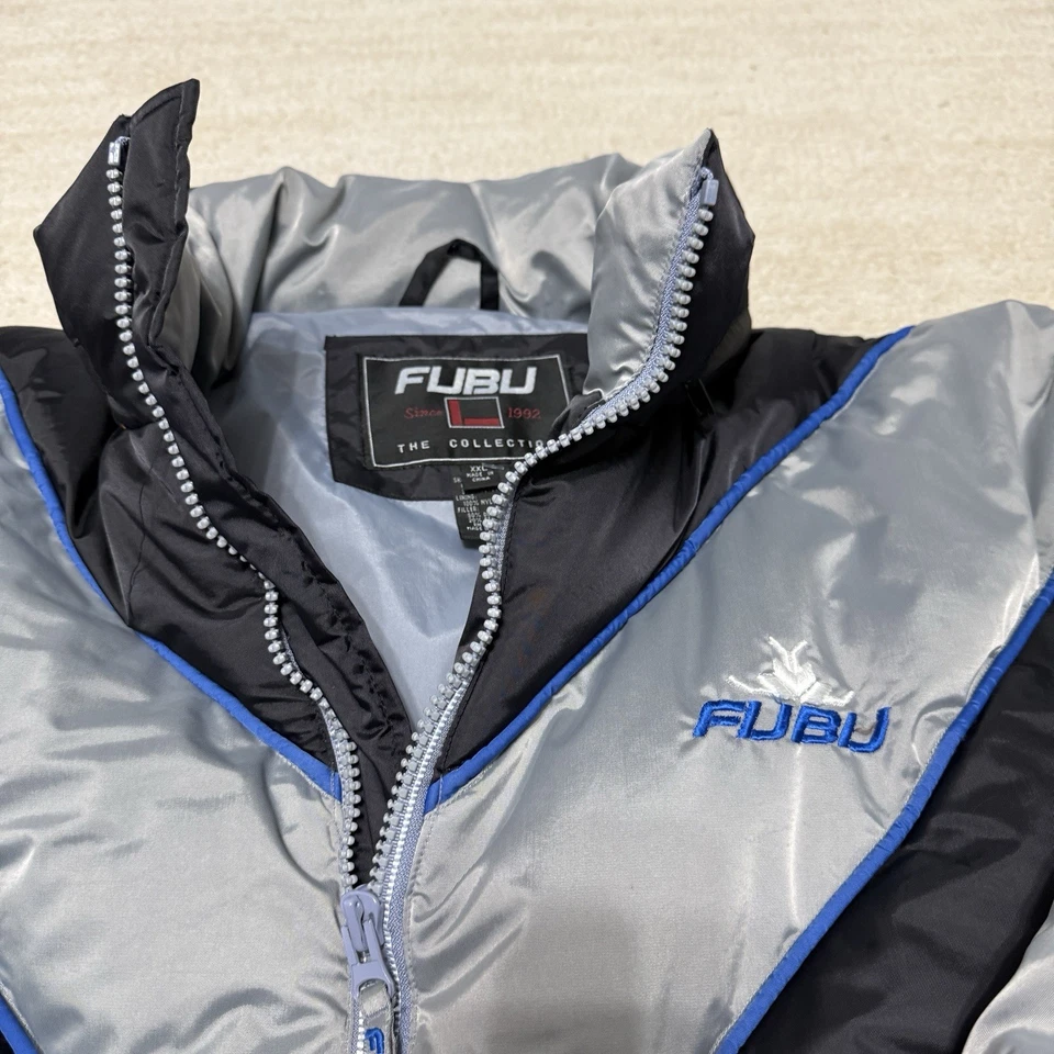 Vintage FUBU Collection Down Feather Puffer Jacket Men's 2XL Gray Blue Y2K - Image 3 of 4
