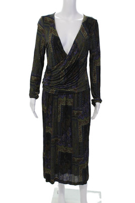 Etro Milano Womens Paisley Printed V-Neck Long Sleeve Maxi Dress Green Size 48