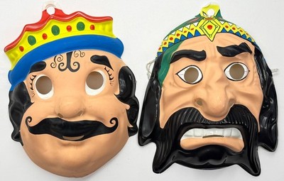 Vintage Ben Cooper Plastic Halloween Masks Knock-Off King Xerxes PAIR Persian
