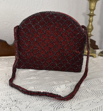 Vintage Red Beaded Evening Bag Scallop Art Deco Mini Purse Short Handle Formal